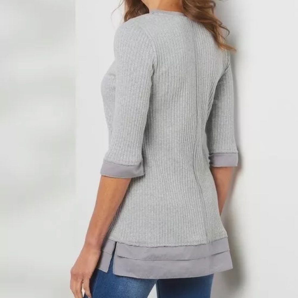 Surroundings Kanyin Gray V-Neck 3/4 Sleeve Stretch Cotton Tunic Top L - Picture 3 of 8